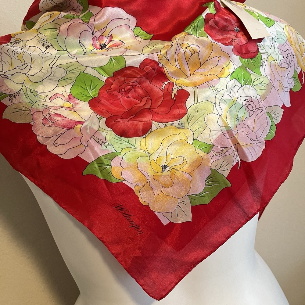 Vtg Worthington Tomato Red Floral Silk Scarf Square Classic Elegant Feminine NOS - Picture 3 of 7